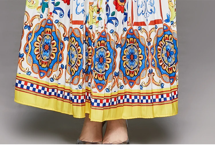 Dráhy Dizajnér Skladaný Maxi Šaty 2020 Ženy Modré a Biele Porcelánové Tlač Luk Krku Vintage Dĺžka Podlahy Dlho Party Šaty