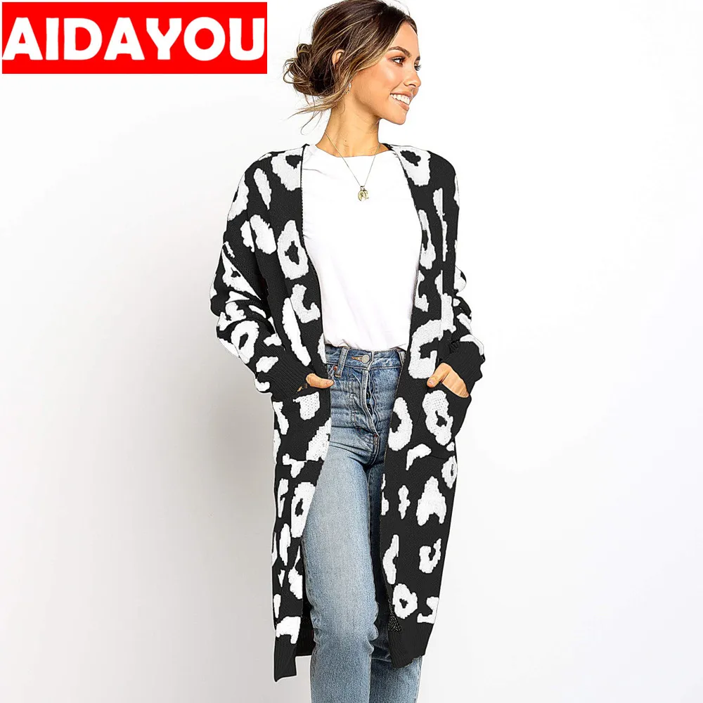 Dámske Leopard Tlač Pletenie Cardigan outwear kabáty s vrecku otvoriť predné teplý sveter ouc303