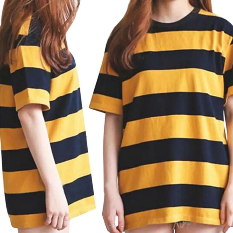 Dámske Letné Tričko Poleras Mujer Žlté a Čierne Pruhované Golier Kola Krku Uvoľnite Polovičný Rukáv T-Shirt Bežné Topy