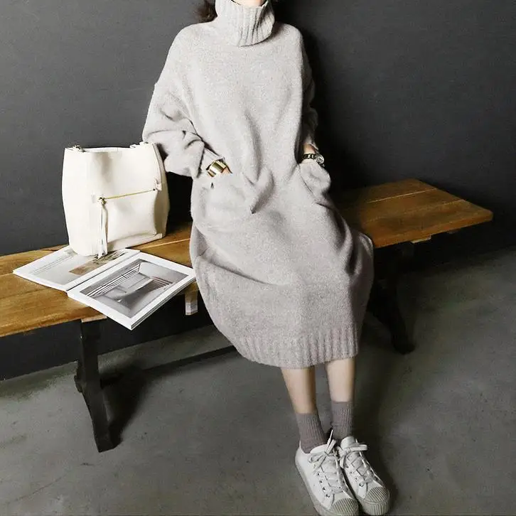 Dámske pletené sveter jednoduché vysoká krku farbou dlhé pletené šaty žien 2020 zimné nový sveter