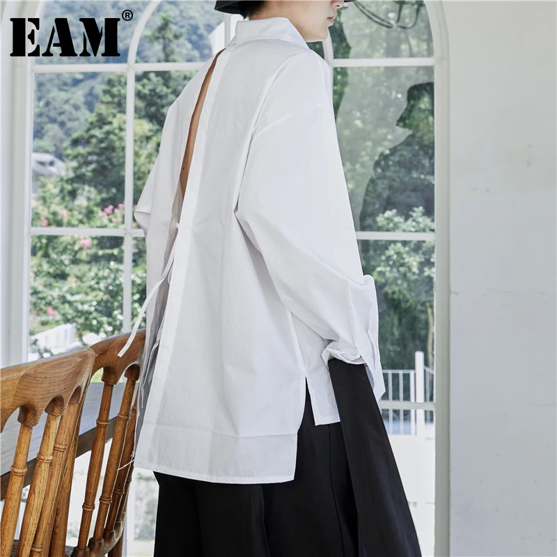 [EAM] Ženy Biely Zadný Otvor Veľké rozmery, Blúzky, Nové Klope Dlhý Rukáv Voľné Nosenie Tričko Fashion Príliv Jar Jeseň 2021 1DB010