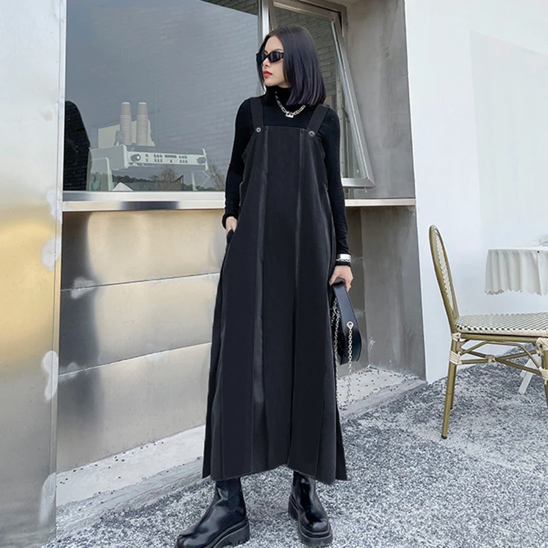[EAM] Ženy Retro Jednoduchý Popruh Black Skladaný Šaty Nové Lomka Krku bez Rukávov Loose Fit Módne Príliv Jar Jeseň 2021 1DD3775