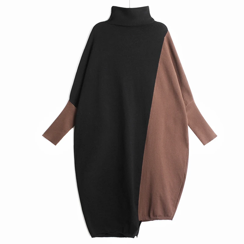 [EAM] Ženy Veľké Veľkosti Pozdĺžne Asymetrické Pletenie Šaty Nové Turtleneck Dlhý Rukáv Loose Fit Móda Jeseň Zima 2021 1DD3061