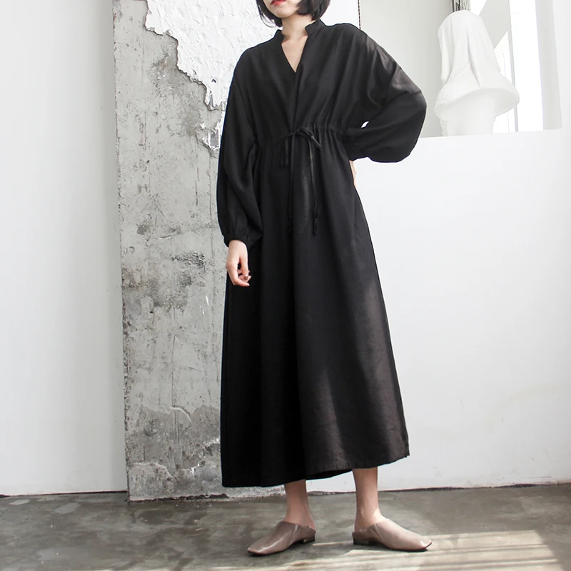 [EAM] Ženy Čiernou Šnúrkou Obväz Veľká Veľkosť Šaty Nové tvaru Dlhý Rukáv Loose Fit Módne Príliv Jar Leto 2021 1W950