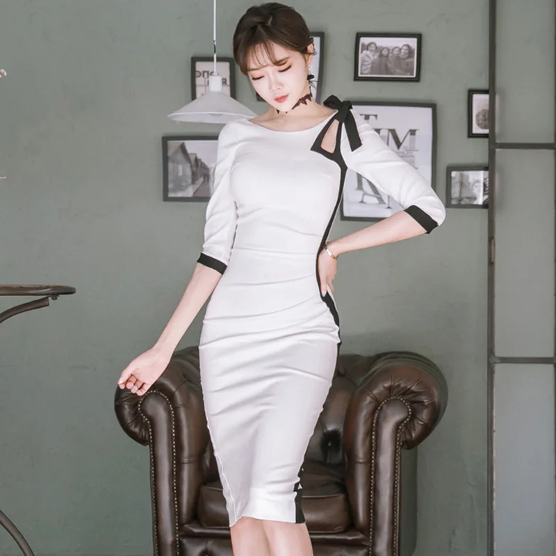 Elegantné Office Lady Šaty 2019 Jar Polovičný Rukáv O-Krku Obyčajný Farba Čierna Biela Šitie Podkolienok Ceruzka Šaty Ženy