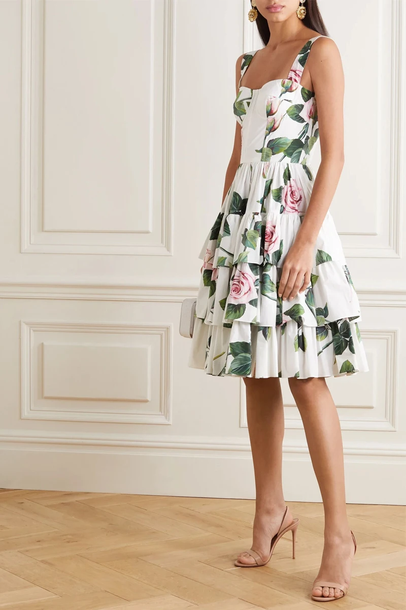 Elegantné Vrstva Volánikmi Kvetinový Vytlačené Midi Šaty Pre Ženy Sexy Špagety Popruh Backless Skladaný Letné Šaty 2020