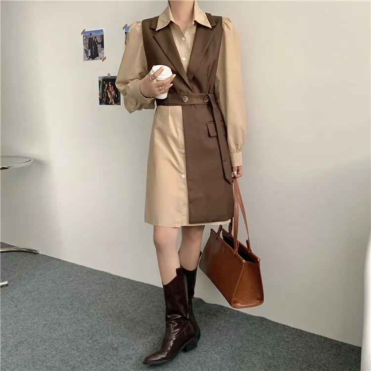 Elegantné Šaty Žien Bežné Office Lady Blejzre Mini Šaty Žena Dizajnér Pás Dlhý Rukáv Jeden Kus Oblečenia Kórejský 2020 Jeseň