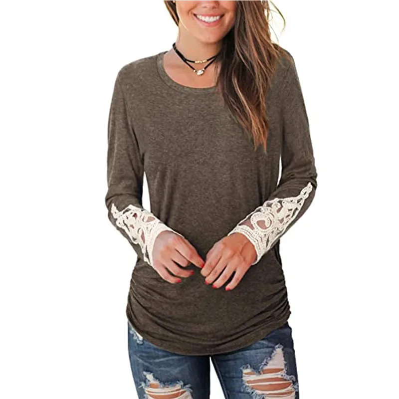 Európske a Americké nové módne zabezpečovacie kolo krku skladaný čipky šitie dlhým rukávom T-shirt ženy Pevný Pletený Bežné