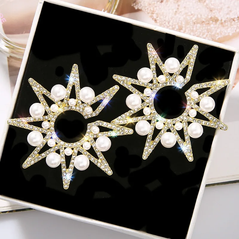 Exknl Módy Veľký Stud Náušnice Svadobné simulované Perla Sun Flower Crystal Zlatá Strieborná Farba, Nočný Klub Náušnice Ženy Šperky