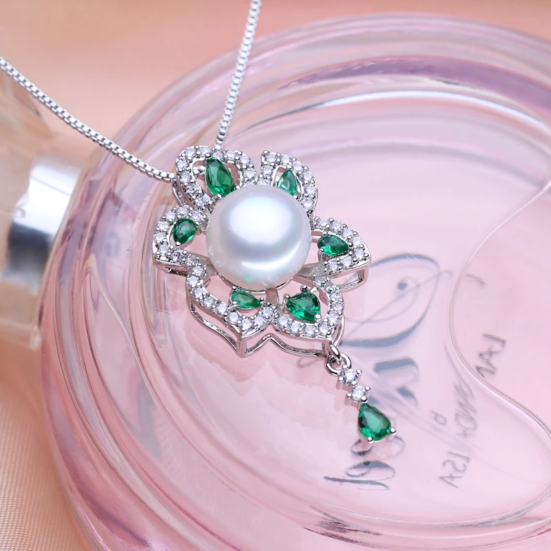 FENASY 925 Sterling Silver Šperky Sady Prírodné Pearl Náušnice Pre Ženy České Emerald Veľký Prívesok, Náhrdelníky, Krúžky Zelená