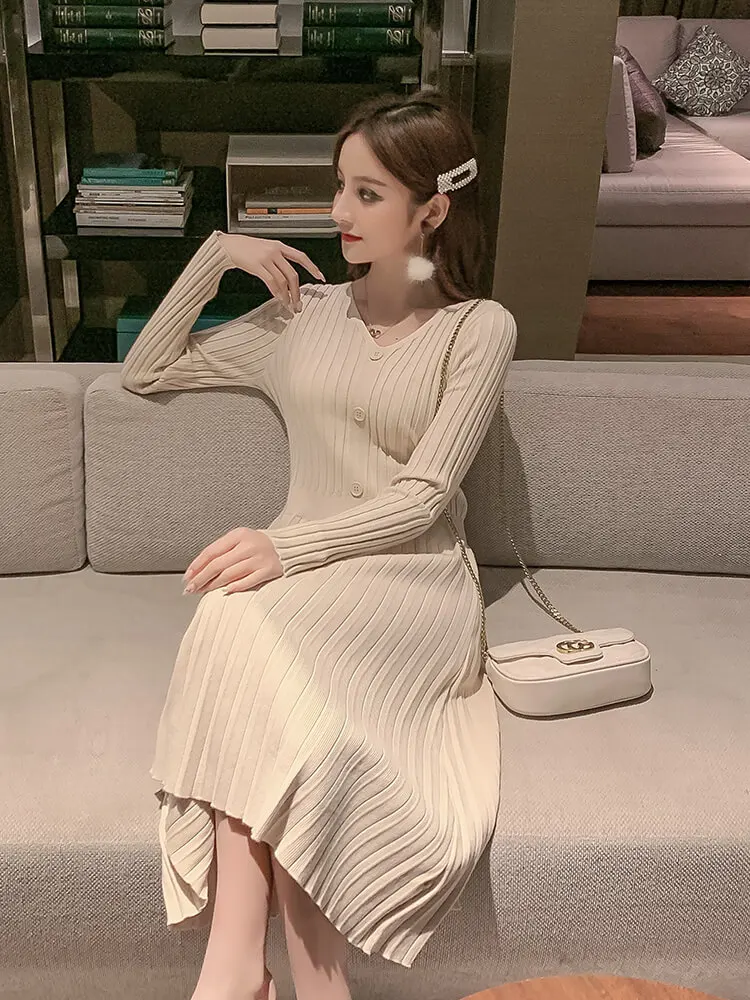 FINEWORDS Vintage Jeseň Pletené Béžová kórejský Šaty Žien Dlhý Rukáv V Krku Zimné Svetre Šaty Slim Skladaný Bežné Šaty
