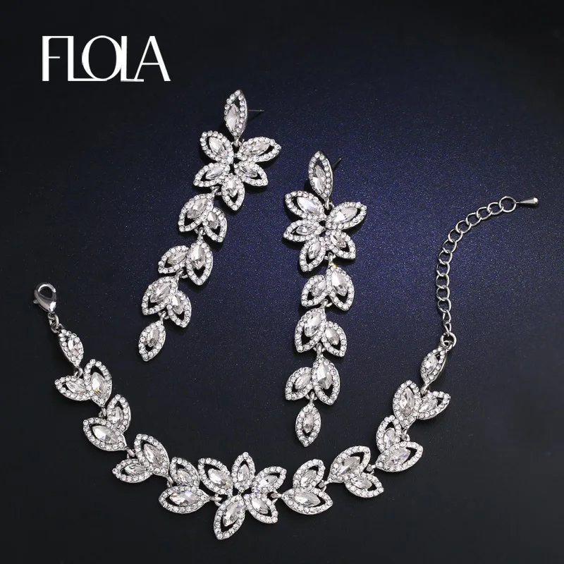 FLOLA Crystal Svadobné Šperky Nastaví Farbu Listov Tvar Svadobné Náramok Náušnice Svadobné Šperky Sady pre Ženy brta02