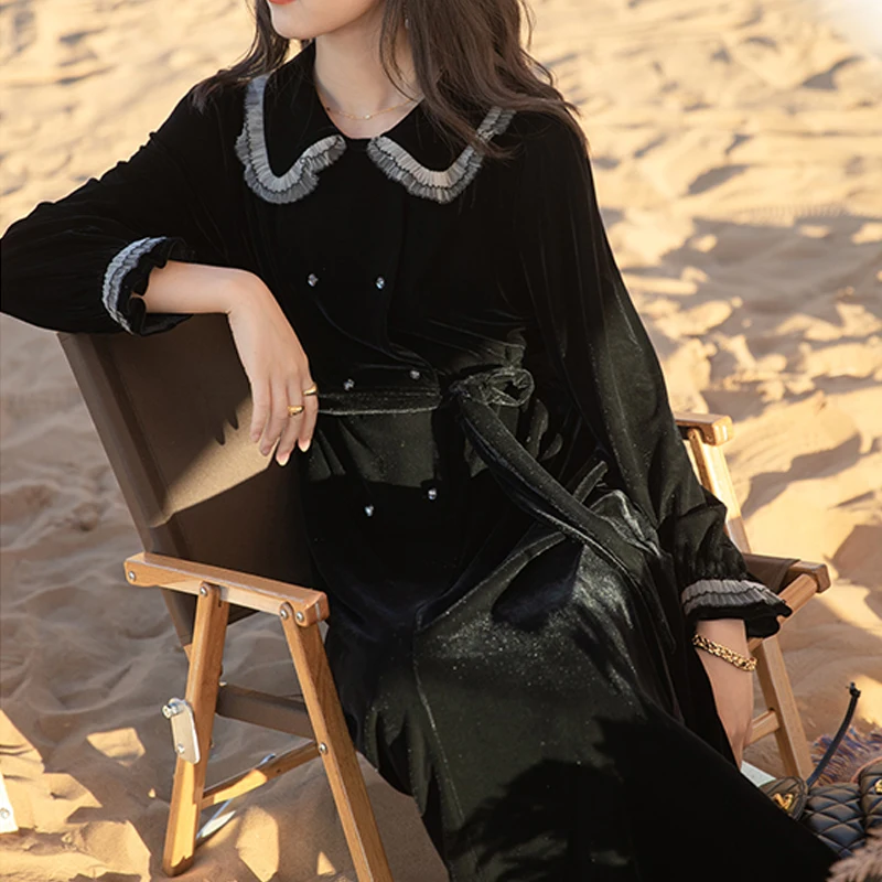 Francúzsky Velvet Bábika Golier Čierne Šaty Elegantné Štíhle Ženy s Dlhým Rukávom Saka Šaty Zimné Jeden kus Lady Bežné Strany Midi Šaty