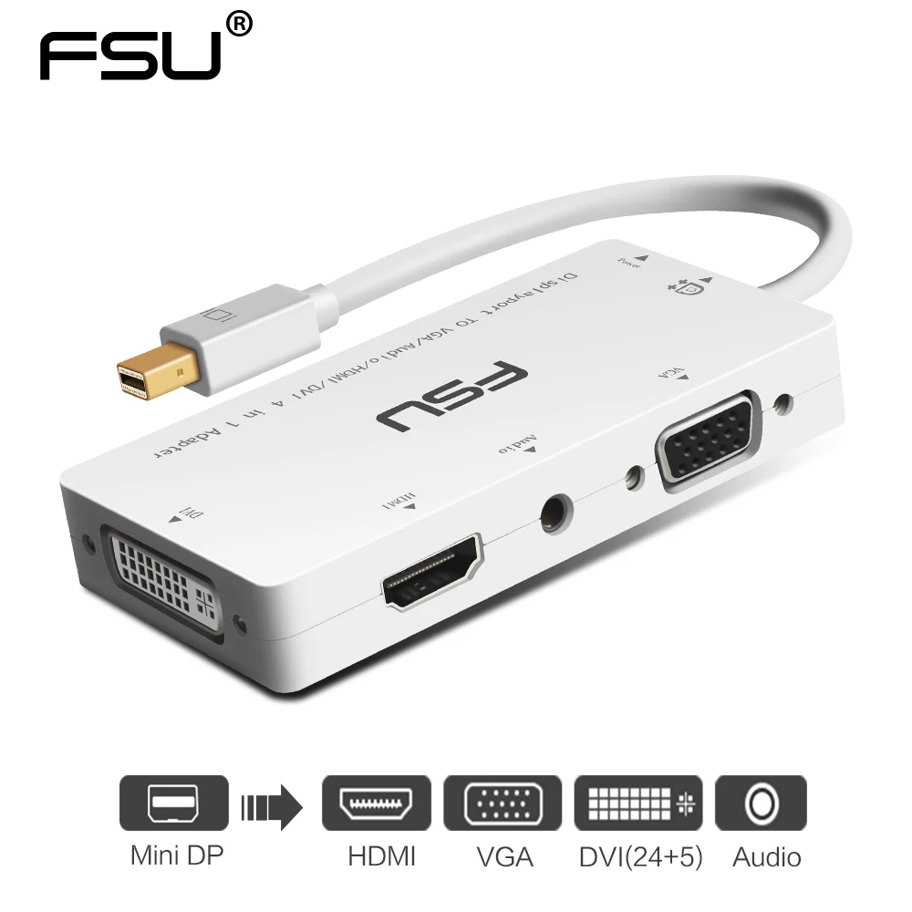 FSU 4 v 1 Mini DP na VGA DVI portu MINI DisplayPort do Adaptéra HDMI s 3.55 m audio pre Macbook Tablet Monitor, notebook, Projektor
