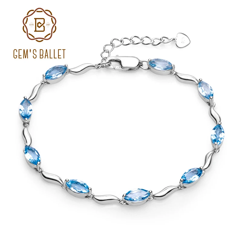GEM BALET Marquise Tvar 6.25 Ct Swiss Natural Blue Topaz Náramok 925 Sterling Silver Náramky Pre Ženy Darček Jemné Šperky