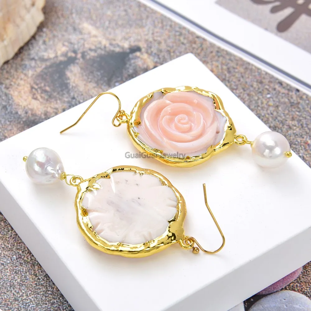 GG Šperky Umelé Biele keshi Pearl Náušnice pozlátené Ružovým Kráľovná Conch Coral Flower Náušnice