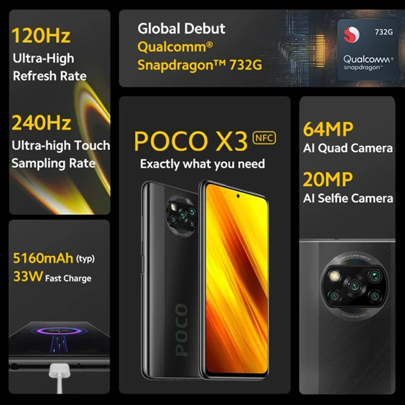 Globálna Verzia Xiao POCO X3 NFC 64GB 128GB Smartphone Snapdragon 732G Octa-Core 64MP Quad Fotoaparát 6.67