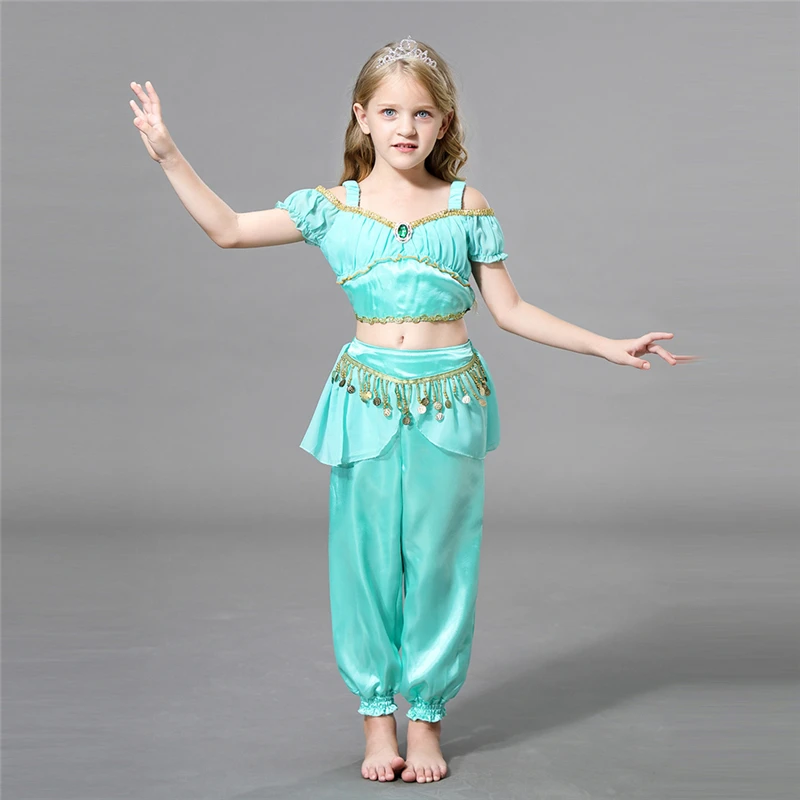 Halloween Aladdin je svetlo Kostým Deti Maškarný Víla Princezná Jasmine Zdobiť Dievčatá Oblečenie Set sa Zelená, Brušný Tanec Oblečenie