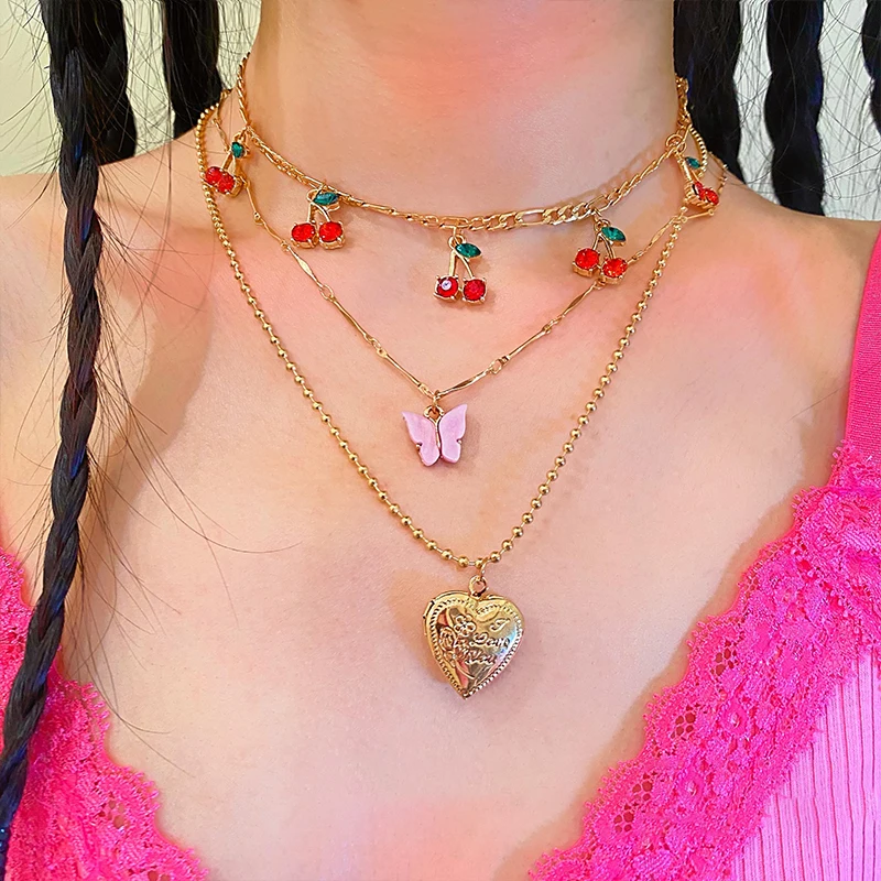Harajuku Y2K Broskyňa Srdce Motýľ List Náhrdelník Prívesok Pre Ženy Vintage Pohode Kúzlo Cherry Zvierat Choker Náhrdelník Šperky