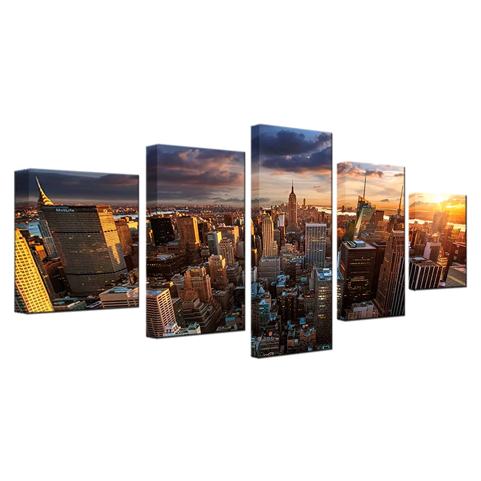 HD Výtlačkov Obrázkov Modulárny Plátno Plagát na Stenu Umenie Rámec 5 Kusov New York City Building západ Slnka krajinomaľbou Domova
