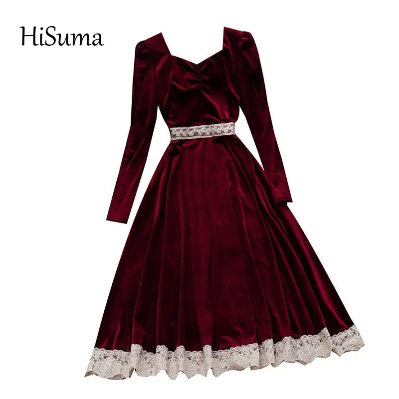 HISUMA 2020 Jeseň Zima Nové Elegantné Ženy V Golier Lištovanie Lístkového Rukáv Nežnej Čipky A-Line Šaty dámske Elegantné Oblečenie