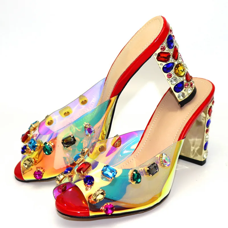 Hot predaj červená ženy vysokom podpätku topánky s farebnými veľké crystal dekorácie afriky čerpadlá pre šaty CR181,podpätku 9 CM