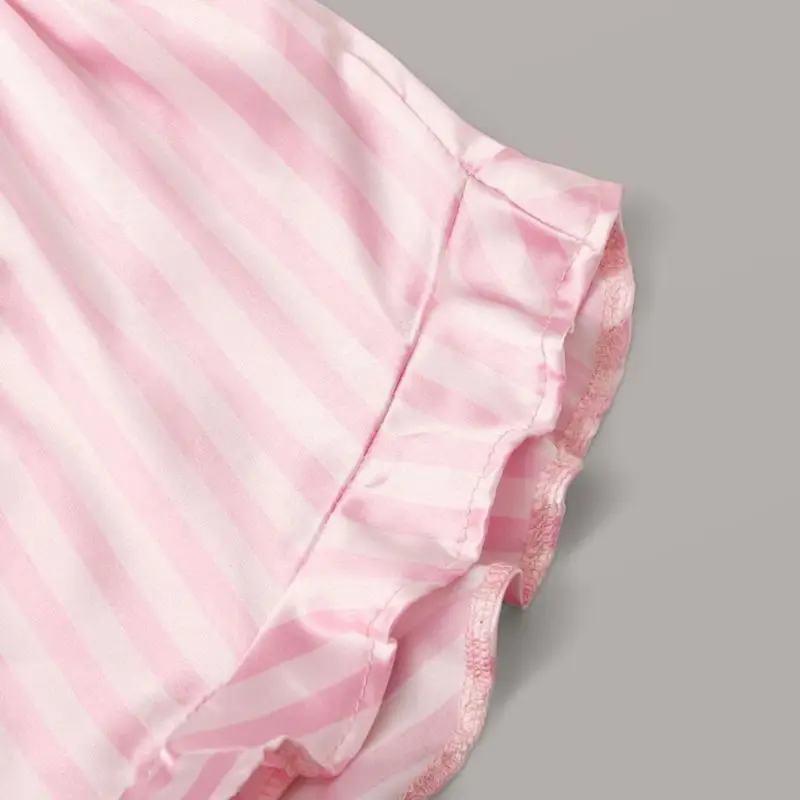 HotLadies Imitácia Hodvábu Sleepwear Vyhovovali Sexy Sladké Luk Volánikmi Domáce Oblečenie Sady Ženy List Košieľka Ružový Prúžok Šortky 2 Ks Sada