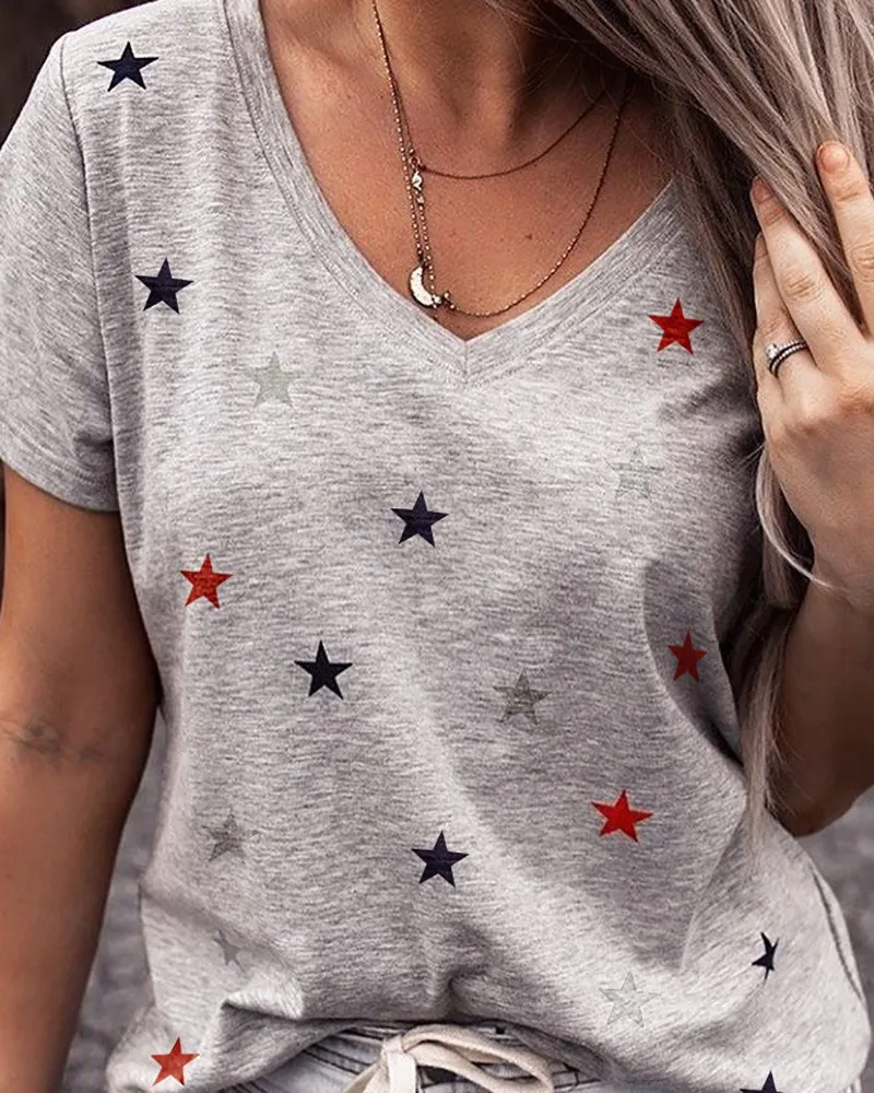 Hviezdy Vytlačené T-Shirts Bežné Dámy Topy Sexy V Krku Krátky Rukáv Ženy T-Shirt 2020 Jar Leto Top Ženský Čaj Camisas Mujer
