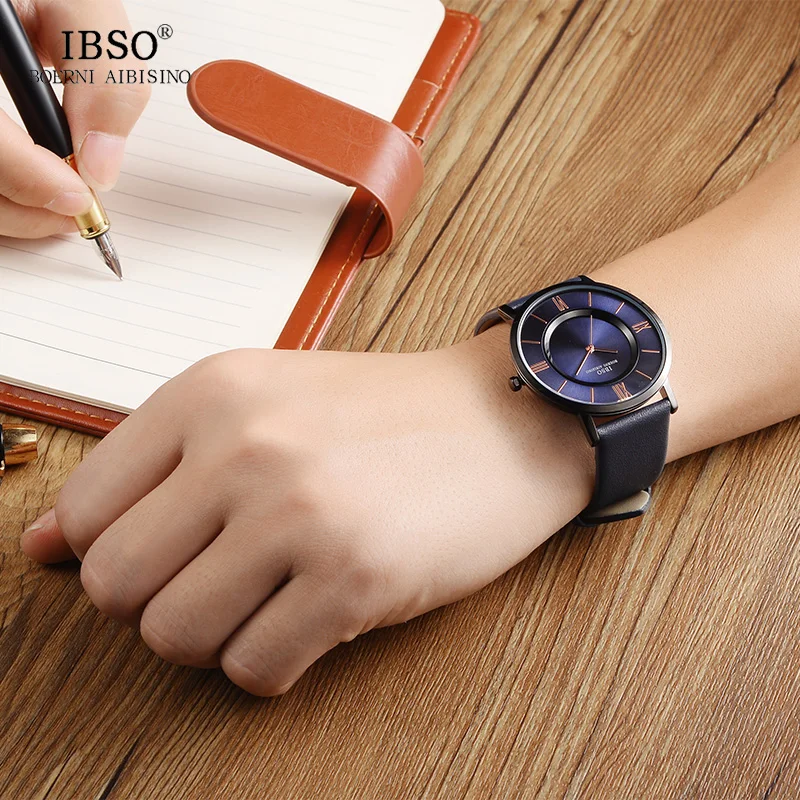 IBSO Pánske Hodinky Značky Luxusný 7 MM Ultra-tenké Sledovať Mužov Originálny Kožený opasok Modrý Kremeň Náramkové hodinky Módne Relogio Masculino