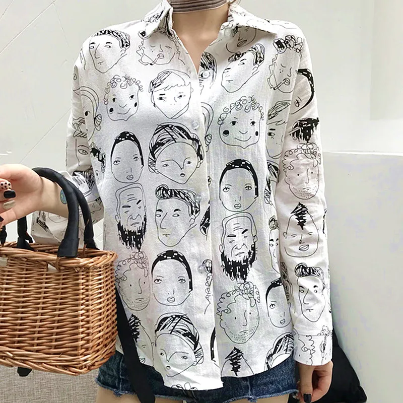 Ih Ženy Čierna A Biela Obrázok Tlače Singel svojim Blúzka Bežné Tričko s Dlhým Rukávom Ženy Bavlna Kreslená Postavička Topy