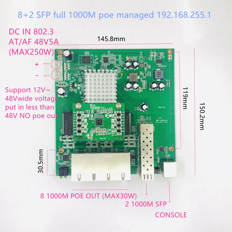 IP Riadenie 8-port 10/100/1000Mbps PoE Ethernet Switch Modul Riadený Prepínač Modul s 2 Gigabit SFP Sloty gigabit switch
