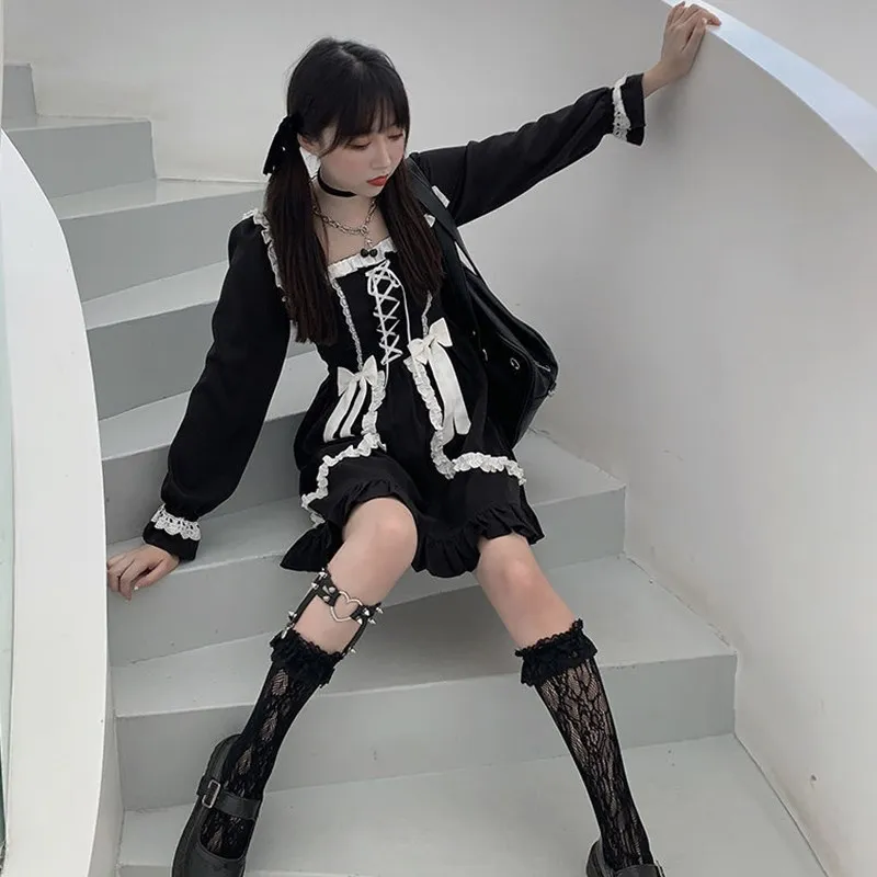 Japonský Gothic Lolita Šaty Kawaii Čipky Čipky Luk Sweety Volánikmi Šaty Mäkké Dievča Harajuku Lístkového Rukávom Čierne Šaty Ženy Šaty