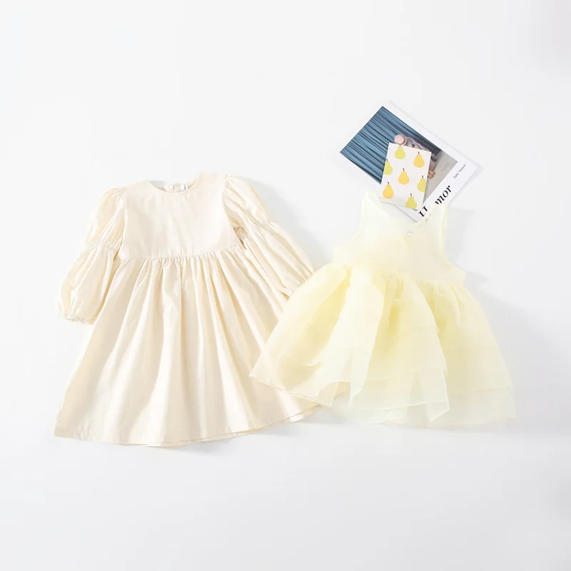 Jar kórejský štýl Malá Princezná Vrstvený Šaty 2 ks súpravy, Baby, Dievčatá Módne Roztomilý Dlhý Rukáv Narodeninovej Party Šaty