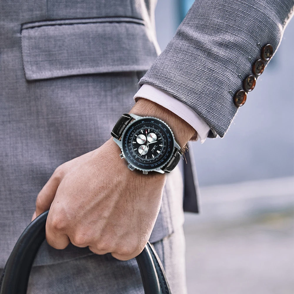 JARAGAR JAPONSKO DOVEZENÉ Mov.Pánske Chronograf Hodinky Business Top Luxusné Náramkové hodinky Pilot Muž Cool Čierne Kožené Watchband часыNEW