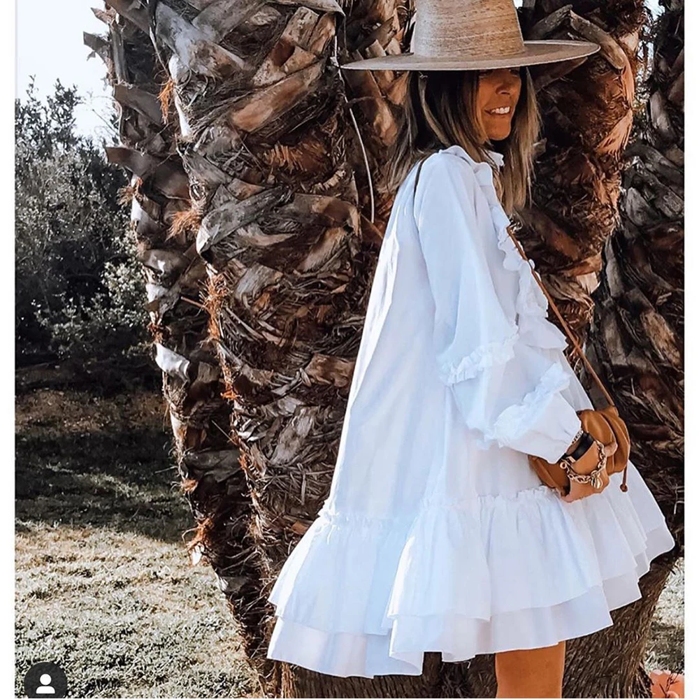 Jeseň Elegantné Biele Vysoká Krku Prehrabať Sexy Šaty S Dlhým Rukávom, Krátke Voľné Šaty Módne Lístkového Rukáv Šaty Vestidos Mulher 2020