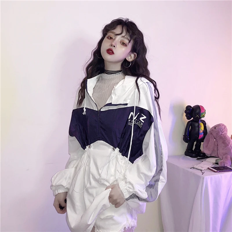 Jeseň Kórea módne Oblečenie pre Ženy obložené Harajuku list tlač nadrozmerná pás dlhý rukáv zips s Kapucňou Mikiny šaty