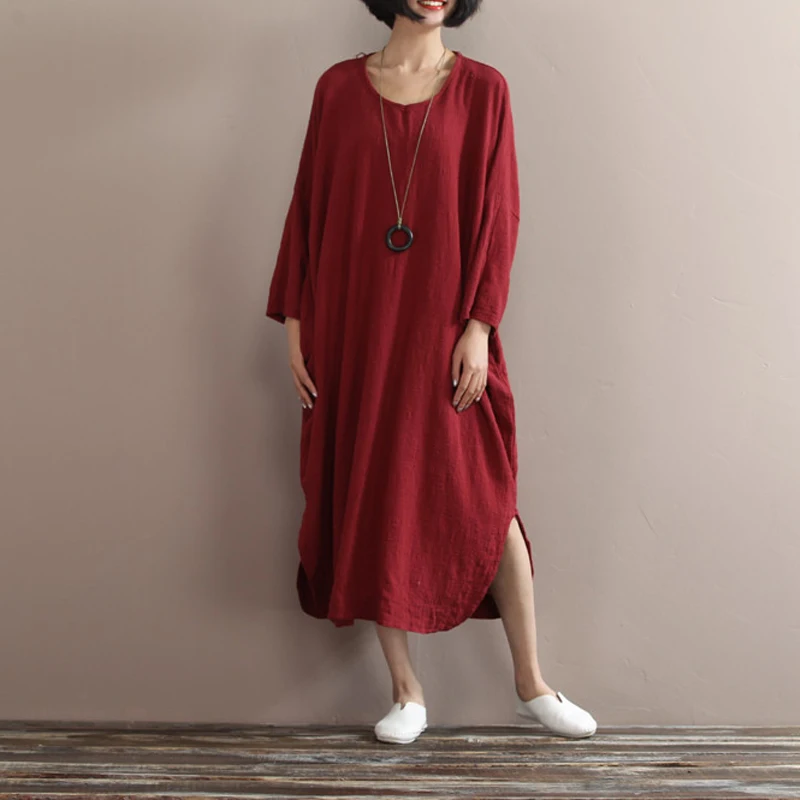 Johnature 2020 Jeseň Nové Bavlnená Posteľná Bielizeň Šaty Bat Rukáv Nepravidelný Vintage Šaty Plus Veľkosti Ženy Oblečenie Bežné Krátke Šaty