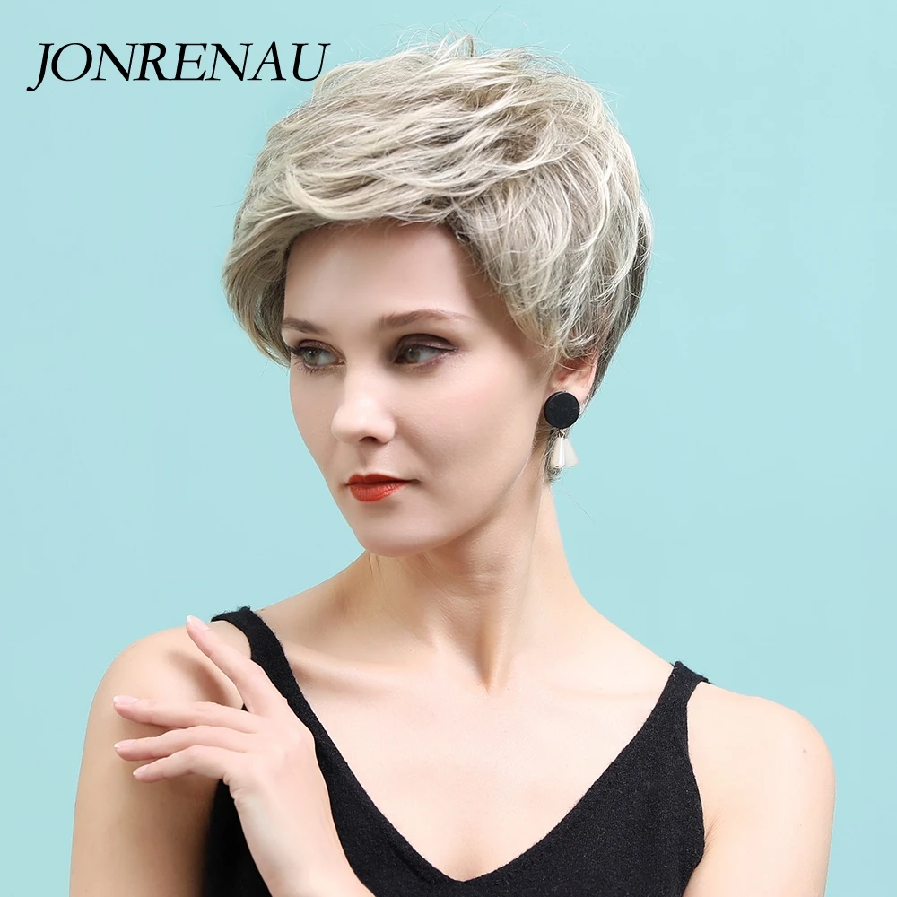 JONRENAU 11 Palcový Krátky Pixie Strih Parochne s Zdôrazňuje Syntetické White Blonde Rovné Biele Ženy ľudské Vlasy, Parochne Darček