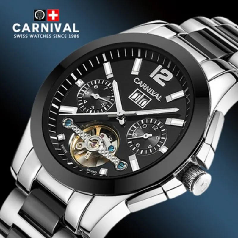 Karneval tourbillon automatické mechanické vojenských muži hodinky vodotesné keramické relogio luxusné značky hodiniek mužov vintage saati