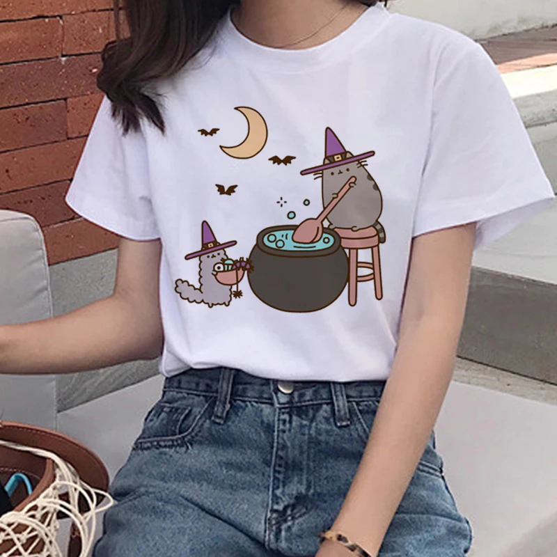 Kawaii Pusheen Cat T Košele Ženy Harajuku Ullzang Funny T-shirt 90. rokov Cartoon Tlač Tričko Grafické kórejský Štýl Top Tees Žena