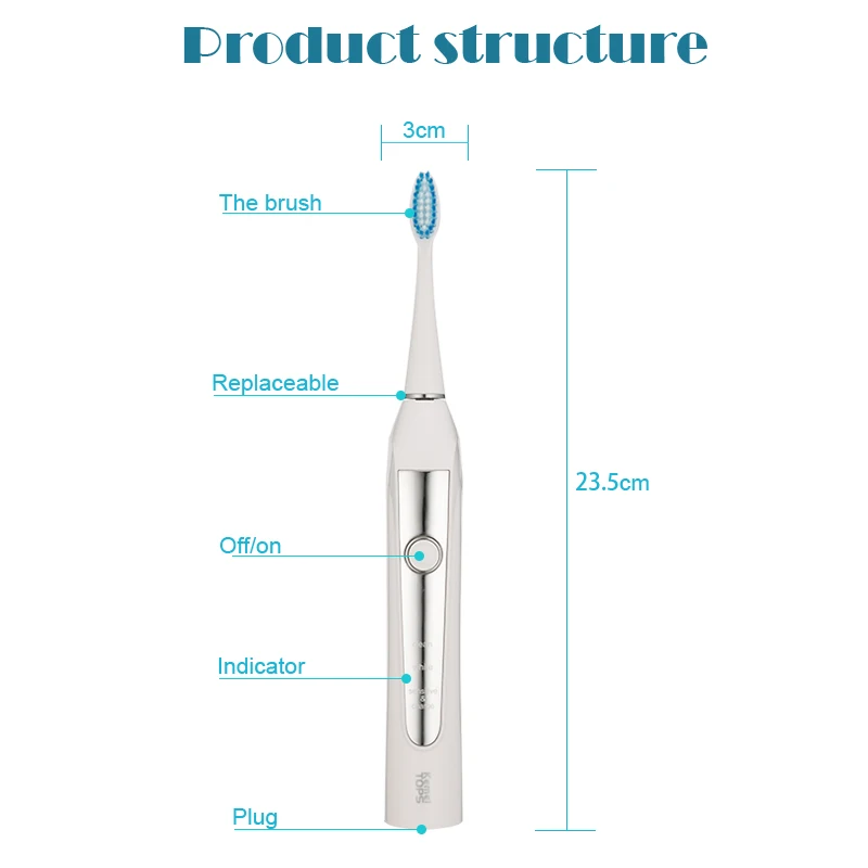 Kemei ultrazvukové elektrická zubná kefka nabíjateľná zubná kefka pre dospelých sonic zuby kefkou vlna umývateľný