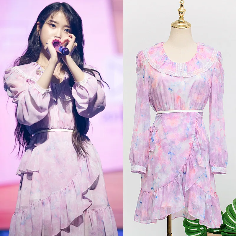 Kpop IE Lee Ji Eun lete streetwear voľné sladké dlho puzdre Šifón šaty žien kórejský módne, Elegantné nepravidelný mini šaty