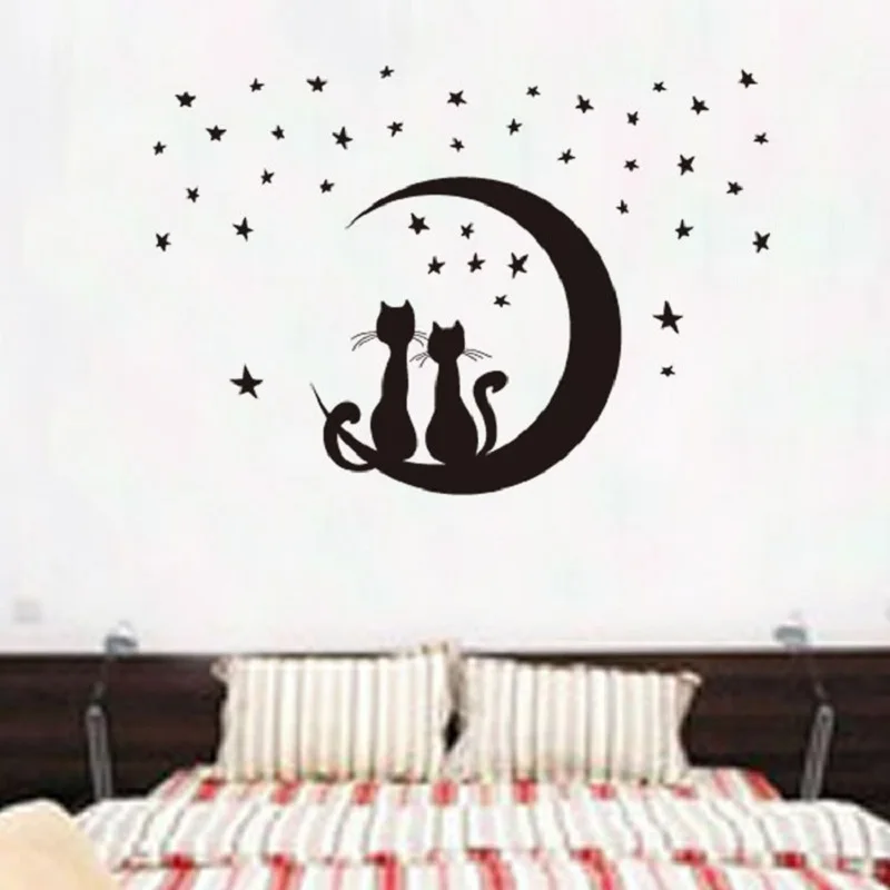 Kreatívne nálepky pár mačka na mesiaci hviezda wall odtlačkový nástenné maľby Nordic štýl pre obývacie izby, spálne, diy domova tapety