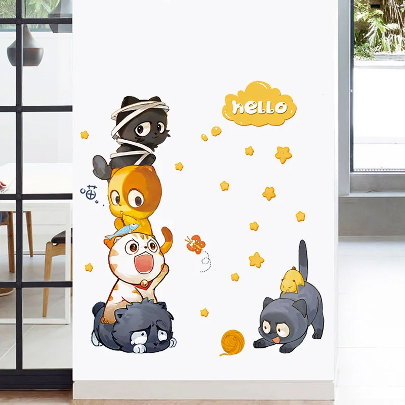 Kreslených Mačka Samolepky na Stenu Päť Roztomilé Mačky DIY Wall Art Obtlačky Dekorácie pre Deti Izby Chlapcov, Dievčatá, Deti, Spálňa Domova
