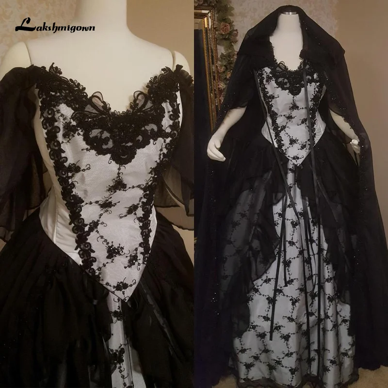 Lakshmigown Black Gotický Svadobné Šaty s Cape Overskirt Dvojité Šifón Vlastné Šaty s Flutter Rukávy Župan De Mariee