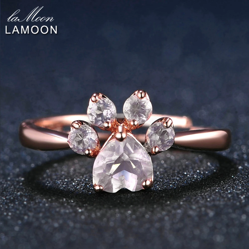 LAMOON - Bear ' s Paw 5mm Prírodné Ružové Ruže Kremeňa Krúžok 925 Sterling Silver Šperky Romantické Svadobné Kapela LMRI027