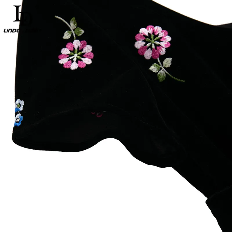 LD LINDA DELLA Módne Dráhy, Letná Vintage Šaty Žien Krátky Rukáv Nádherné Kvetinové Výšivky Zamatová Čierna Midi Šaty Vestido