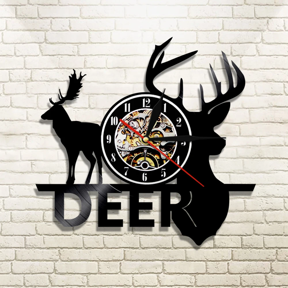 Lesné Deer Hunter Vinyl Nástenné Hodiny Lesa Wild Jelene Parohy Jeleňa Hlavu Zvierat Stene Hodinky Domova Hunter Darček