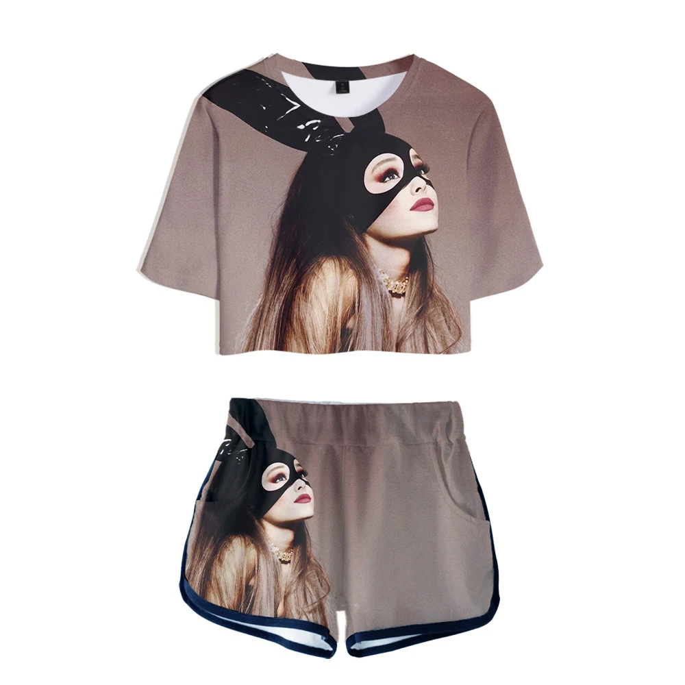 Letné dámske tričko Dve Dielna Sada Ariana Grande Rosy pupkom Hore+Krátke Nohavice rekreačný šport vyhovovali Ariana Grande Tričko Fashion