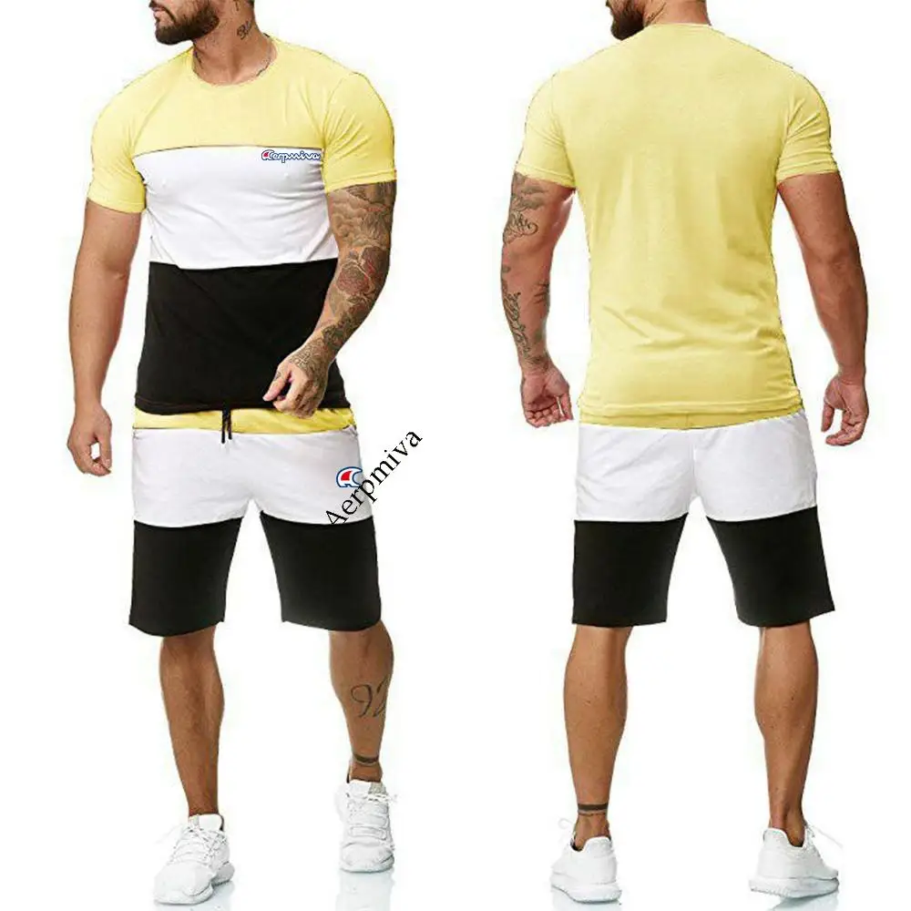 Letné pánske oblek T-tričko + nohavice dvoch-dielny príležitostné športové list tlač vyhovovali športové pánske T-shirt